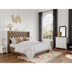 Lit 180 x 200 cm avec tte de lit capitonne - tissu - beige + matelas - massimo ii