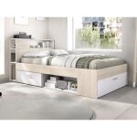 Lit avec tête de lit rangements et tiroir - 120 x 190 cm - coloris : naturel et blanc - leandre Lit avec tête de lit rangements et tiroir - 120 x 190 cm - coloris : naturel et blanc - leandre