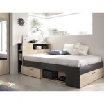 Lit avec tête de lit rangements et tiroirs - 120 x 190cm - coloris : naturel et anthracite - leandre Lit avec tête de lit rangements et tiroirs - 120 x 190cm - coloris : naturel et anthracite - leandre