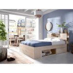 Lit avec t�te de lit rangements et tiroirs - 160 x 200 cm - coloris : naturel + sommier + matelas - leandre ...