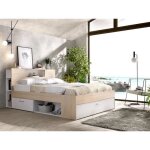 Lit avec t�te de lit rangements et tiroirs - 140 x 190 cm - coloris : naturel et blanc - leandre