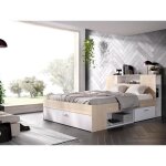 Lit avec tte de lit rangements et tiroirs - 160 x 200 cm - coloris : naturel et blanc - leandre