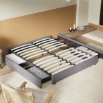 Lit avec tiroirs de rangement sommier  lattes bois 8 pieds stables. 4 espaces de rangement sous le lit. ...