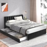 Lit avec tiroirs lit tapiss lit adulte 160 x 200 cm velours avec sommier dossier 2 tiroirs noir