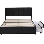 Lit capitonn� en velours avec sommier � lattes t�te de lit haute 2 tiroirs noir 140 x 200 cm
