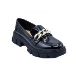 Loafers femme mocassins confort - noir verni - plateforme crante - chane - bouts carrs arrondis