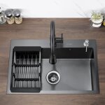 Lonheo Évier 1 bac 68x45x19cm Évier à encastrer en inox Évier cuisine noir avec distrubuteur de savon ... Lonheo Évier 1 bac 68x45x19cm Évier à encastrer en inox Évier cuisine noir avec distrubuteur de savon ...