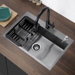 Évier gris - noir 68x45x19cm Évier cuisine 1 bac en acier inox Évier à encastrer avec distributeur de ... Évier gris - noir 68x45x19cm Évier cuisine 1 bac en acier inox Évier à encastrer avec distributeur de ...
