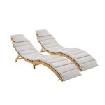 Lot de 2 bains de soleil en bois dacacia laure avec coussin beige en polyester. 184 x 55 x 63. 5 cm