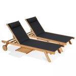 Lot de 2 bains de soleil avec coussin et tablette en bois noir - oviala