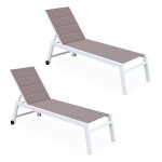 Lot de 2 bains de soleil solis en textil�ne matelass�. transats 6 positions. structure blanc. textil�ne ...