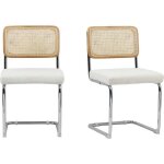 Lot de 2 chaises en cannage tissu boucl� �cru et m�tal chrom� - muse