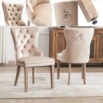 Lot de 2 chaises capitonnes beige en velours - style classique & design - pieds en bois chaises de salle ...