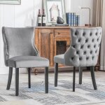 Lot de 2 chaises de salle à manger capitonnée en velours gris - style classique design - pieds en bois ... Lot de 2 chaises de salle à manger capitonnée en velours gris - style classique design - pieds en bois ...