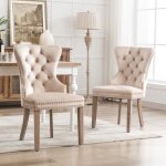 Lot de 2 chaise de salle à manger - pieds en bois chêne - assise en velours - décor rivet - beige Lot de 2 chaise de salle à manger - pieds en bois chêne - assise en velours - décor rivet - beige