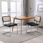 Lot de 2 chaises de salle  manger en rotin avec dossier en maille et pieds en mtal chrom - noir
