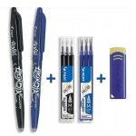 Lot de 2 stylos frixion ball pointe moyenne 0. 7mm noir bleu pilot + 2 tuis de 3 recharges + gomme