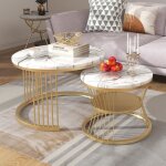 Lot de 2 tables basses gigognes rondes avec cadre dor� et motif marbre tables dappoint empilables modernes ...