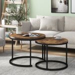 Lot de 2 tables basses gigognes ronde plateau en bois massif style industriel - table de salon bout de ...