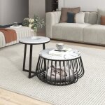 Table basse ronde - leytn - lot de 2 - mdf - marbre blanc - brillant