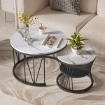Lot de 2 tables basses style moderne cadre en acier rondes tables dappoint pour salon finition en marbre ... Lot de 2 tables basses style moderne cadre en acier rondes tables dappoint pour salon finition en marbre ...