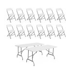 Lot de 2 tables de réception pliables en plastique blanc 180cm + 12 chaises dappoint. table de camping ... Lot de 2 tables de réception pliables en plastique blanc 180cm + 12 chaises dappoint. table de camping ...