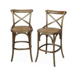 Lot de 2 tabourets de bar bistrot vintage en bois marron vieilli avec repose - pieds
