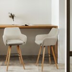 Lot de 2 tabourets de bar hauts supfine - beige - lin - pieds en bois massif - assise confortable