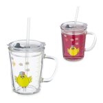 Relaxdays verres pour enfants lot de 2 motif poussin anse couvercle et paille gobelet doseur 400 ml transparen ...