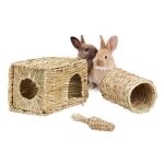 Relaxdays lot de 3 accessoires pour petits animaux maison herbe tunnel & carotte paille lapin cochon ...