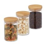 Relaxdays lot de 3 bocaux en verre couvercle bambou bocal conservation rond 800 ml hermtique transparent ...