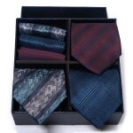 Lot de 3 cravates et carr�s de poche homme classique elegant tiss�e jacquard coffret cadeau pour fete ...