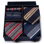 Lot de 3 cravates et carr�s de poche homme classique elegant tiss�e jacquard coffret cadeau pour fete ...