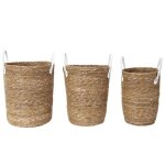 Lot de 3 paniers - home deco factory - tress�s - anses imitation cuir - marron