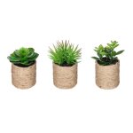 Lot de 3 plantes vertes artificielles avec pot en corde coloris sable