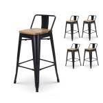 Lot de 4 tabourets de bar en métal noir mat style industriel avec dossier et assise en bois clair - hauteur ... Lot de 4 tabourets de bar en métal noir mat style industriel avec dossier et assise en bois clair - hauteur ...
