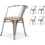 Lot de 4 chaises en métal brut style industriel avec assise en bois clair - avec accoudoirs Lot de 4 chaises en métal brut style industriel avec assise en bois clair - avec accoudoirs