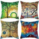 Lot de 4 housse de coussin 45x45 cm en coton et lin arbre color couvre - lit taie doreiller coque carr ...
