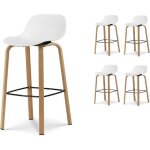 Lot de 4 tabourets de bar blancs style scandinave avec pieds effet bois en métal - hauteur 66cm Lot de 4 tabourets de bar blancs style scandinave avec pieds effet bois en métal - hauteur 66cm