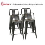 Lot de 4 tabourets de bar design industriel huole - noir avec dossier - h 84 cm