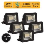 Lot de 5 projecteurs led 20w / ip65 / ik10 / 1800lm / 3000k connexion directe - sans c�ble - garantie ...