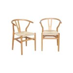 Lot de deux chaises vintage naturelles en bois dhévéa avec assise en cordes et dossier arrondi Lot de deux chaises vintage naturelles en bois dhévéa avec assise en cordes et dossier arrondi