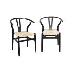 Lot de deux chaises vintage noires en bois dh�v�a avec assise en cordes et dossier arrondi