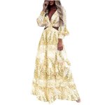 Lukcolor femmes mode dcontracte  manches longues col en v impression vider longue robe 1pc jaune