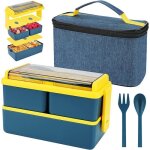 Bote  lunch isotherme 1. 4l - leoclotho - bento avec 3 compartiments - bleu