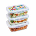 Lunch box - pyrex - lot de 3 bo�tes en verre - rectangulaire - couvercle herm�tique - design abstrait ...