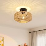 Lustre vintage en rotin ganeed - plafonnier antique panier tiss� - jaune - e27 - 60w