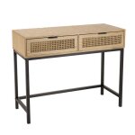 Macabane marceau - console en bois 2 tiroirs cannage naturel pieds m�tal noir