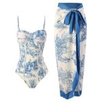 Maillot de bain femme 1 pièce + bikini jupe longue vintage imprimé - bleu Maillot de bain femme 1 pièce + bikini jupe longue vintage imprimé - bleu