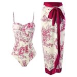 Maillot de bain femme 1 pièce + bikini jupe longue vintage imprimé - rouge Maillot de bain femme 1 pièce + bikini jupe longue vintage imprimé - rouge